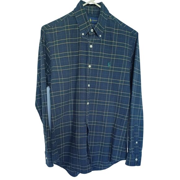 Ralph Lauren Men's Small Plaid Button Down Shirt Custom Fit Navy Yellow Preppy - Picture 1 of 7
